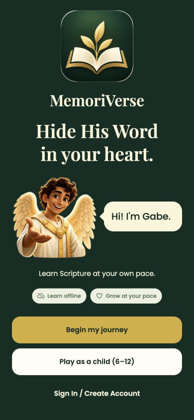 MemoriVerse welcome screen with Gabe and the Begin my journey button